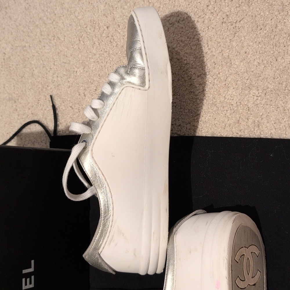 CHANEL Women's Silver and White Sneakers Size 8 - Picture 3 of 7